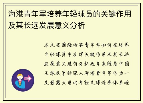 海港青年军培养年轻球员的关键作用及其长远发展意义分析